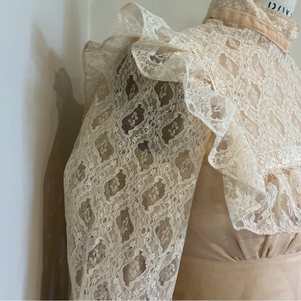 VTG 70s Gunne Sax Prairie Dress Gown Blush Pink Lace Prom Homecoming Sz 9 - Picture 8 of 9